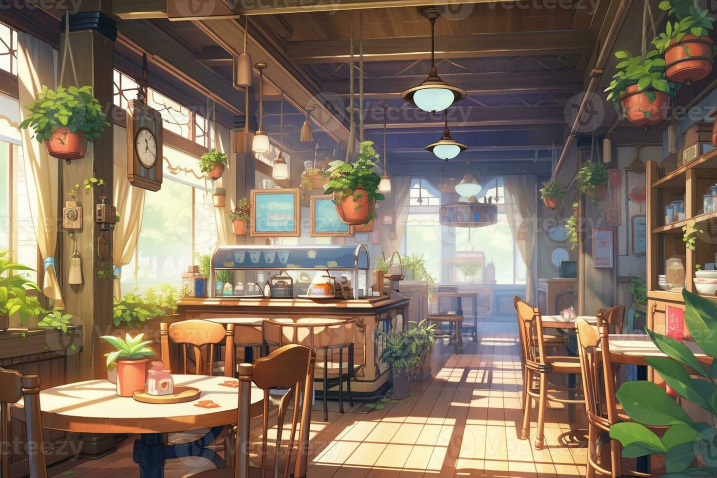 Illustration of a cafe interior during morning AI generated photo