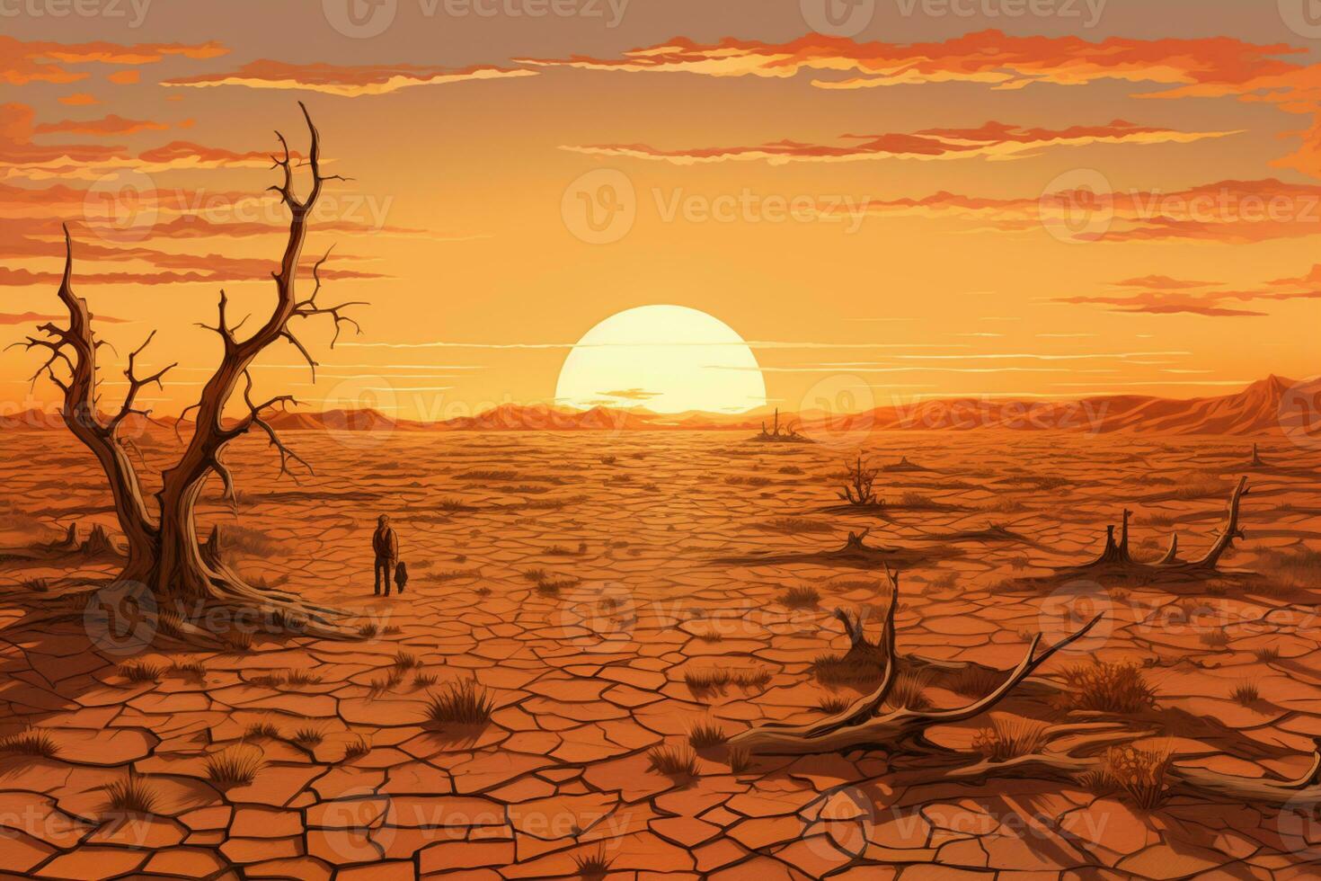 Illustration of massive draught, dry cracked land, el nino AI generated photo