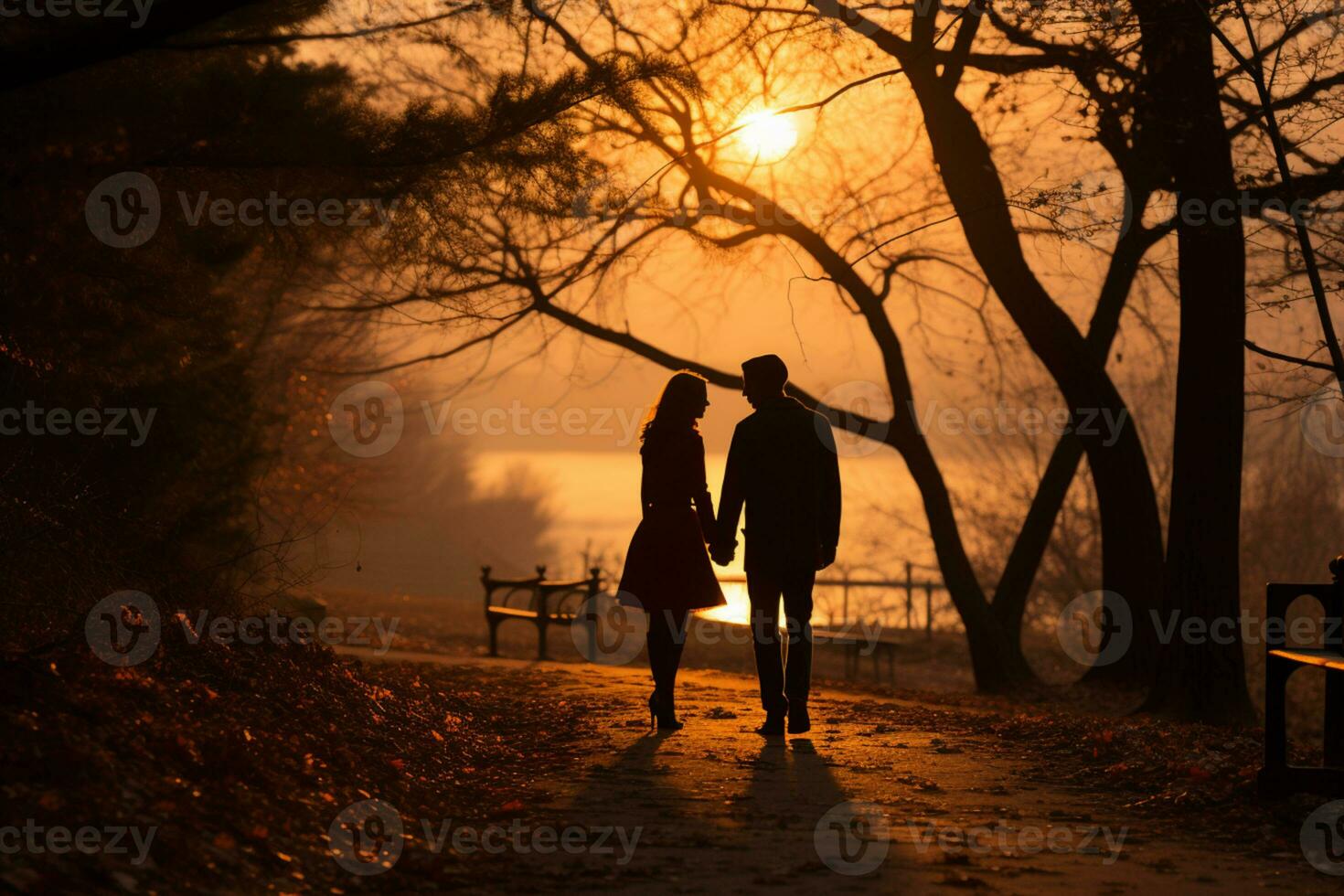 Lovers walking at a park, romance vibes AI generated photo