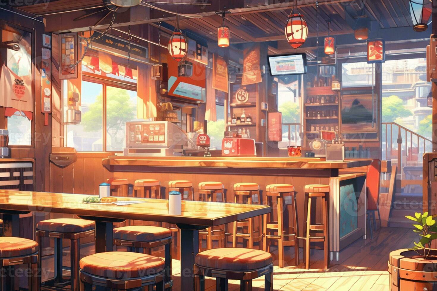 Illustration of a cafe interior during morning AI generated photo
