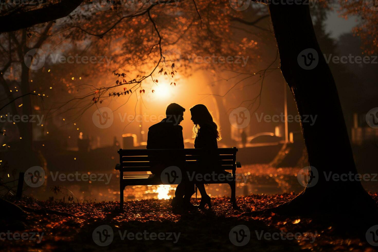 Lovers sitting in a bench at a park, romance vibes AI generated photo