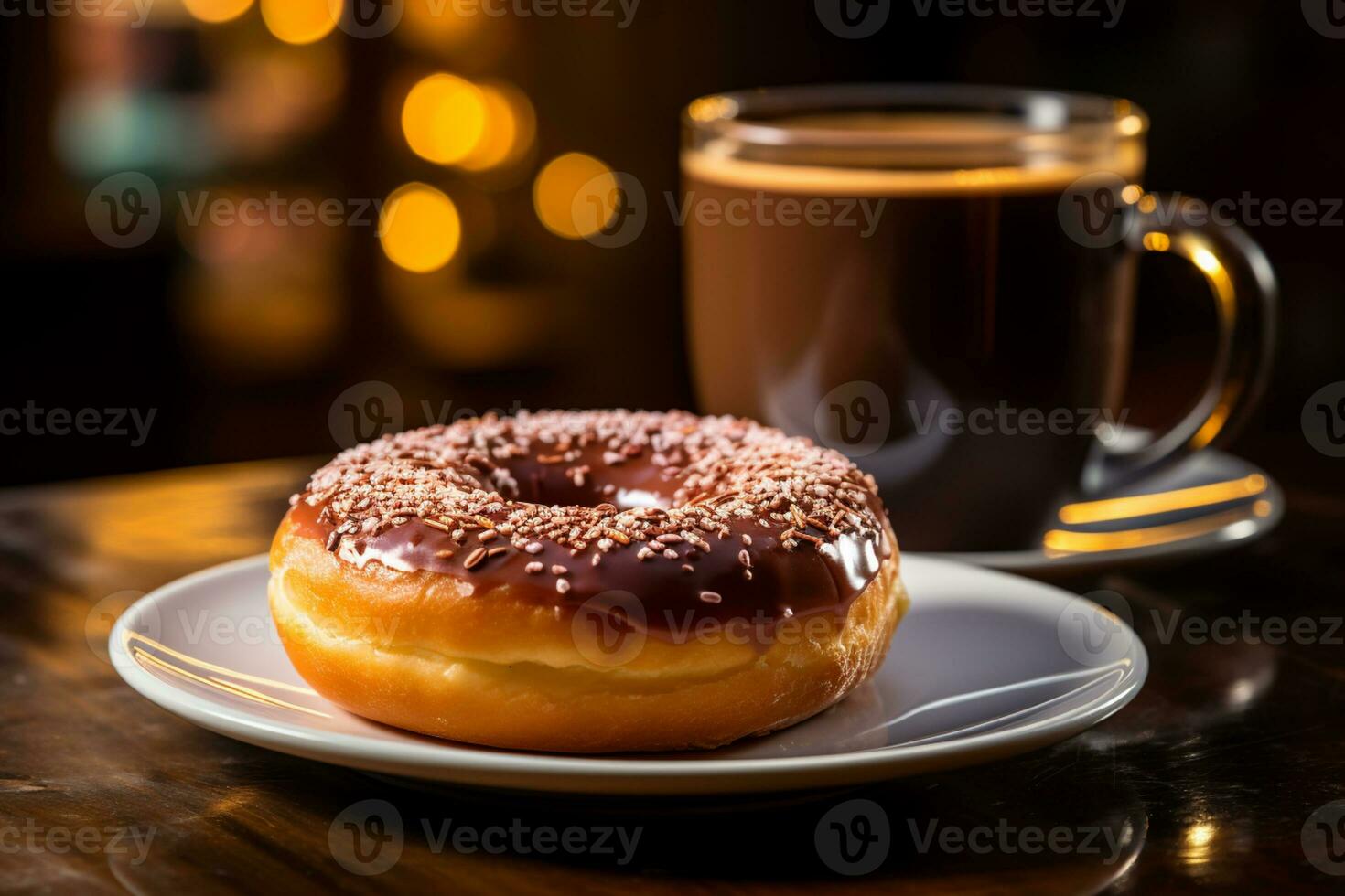 coffee with donut on a blurred cafe background AI generated photo