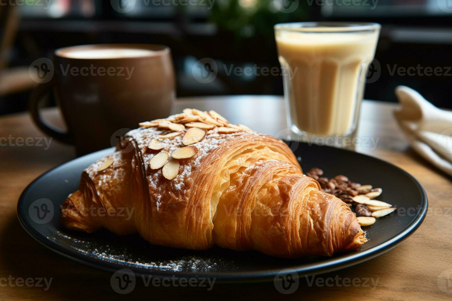 croissant served with latte on a blurred cafe background AI generated photo