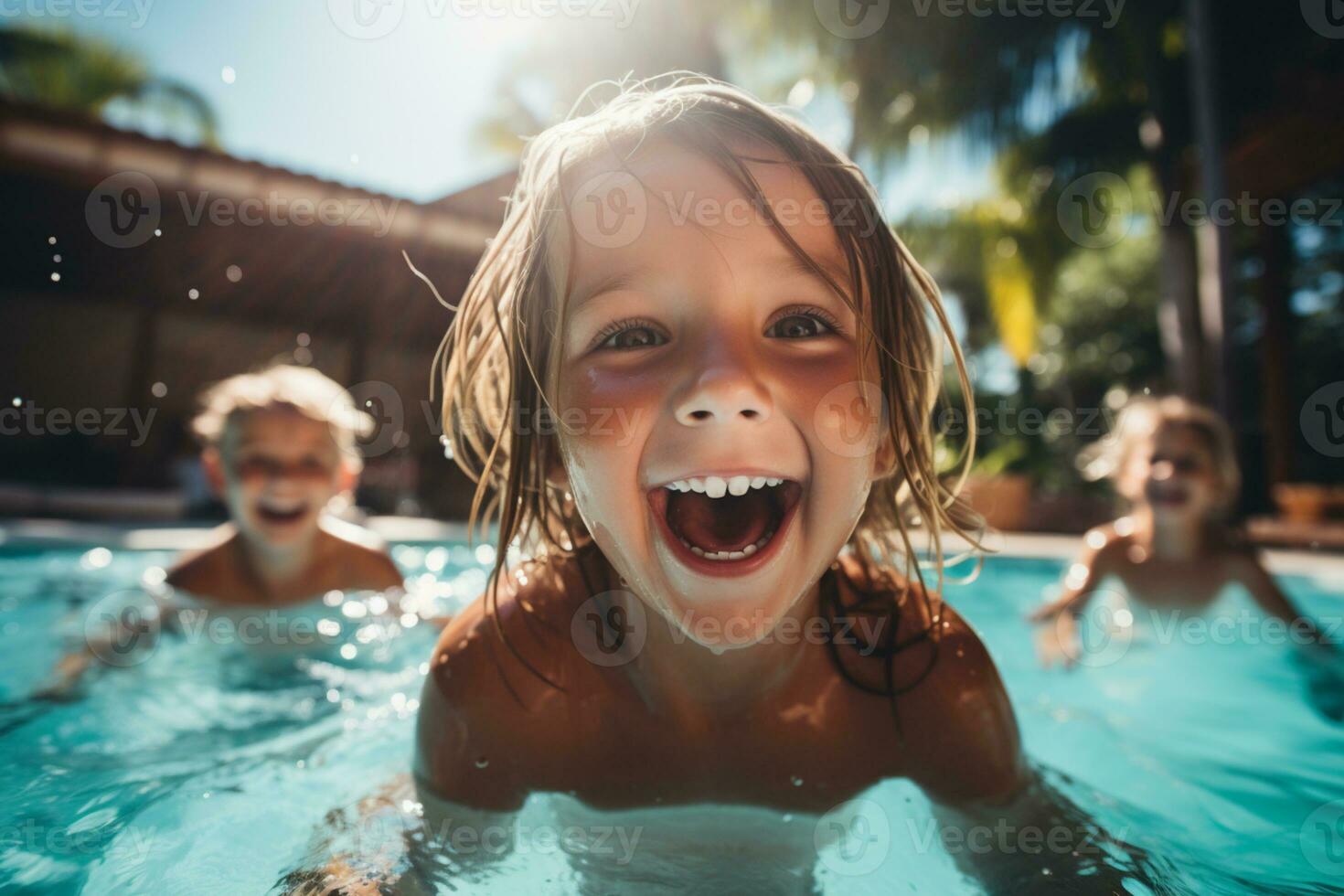 niños felizmente jugando en el piscina ai generado foto