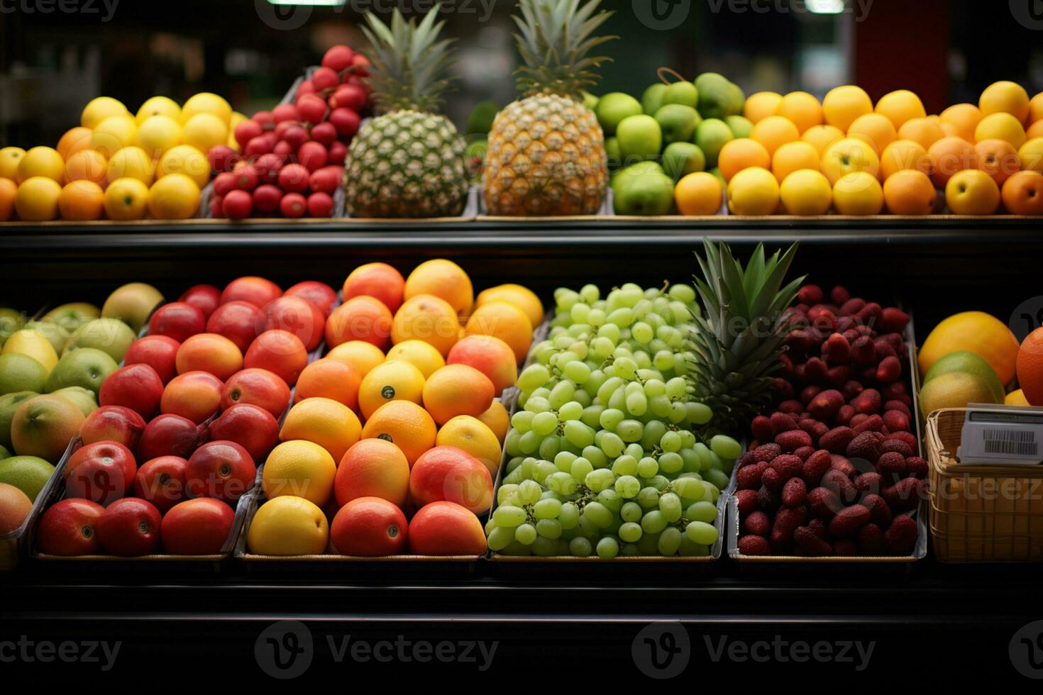 filas de frutas en estantes, supermercado concepto ai generado foto