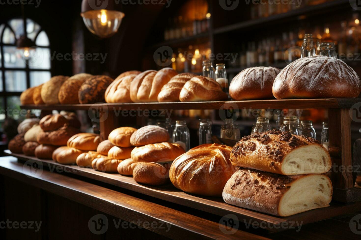 various type of breads on shelves, bakery shop concept AI generated photo