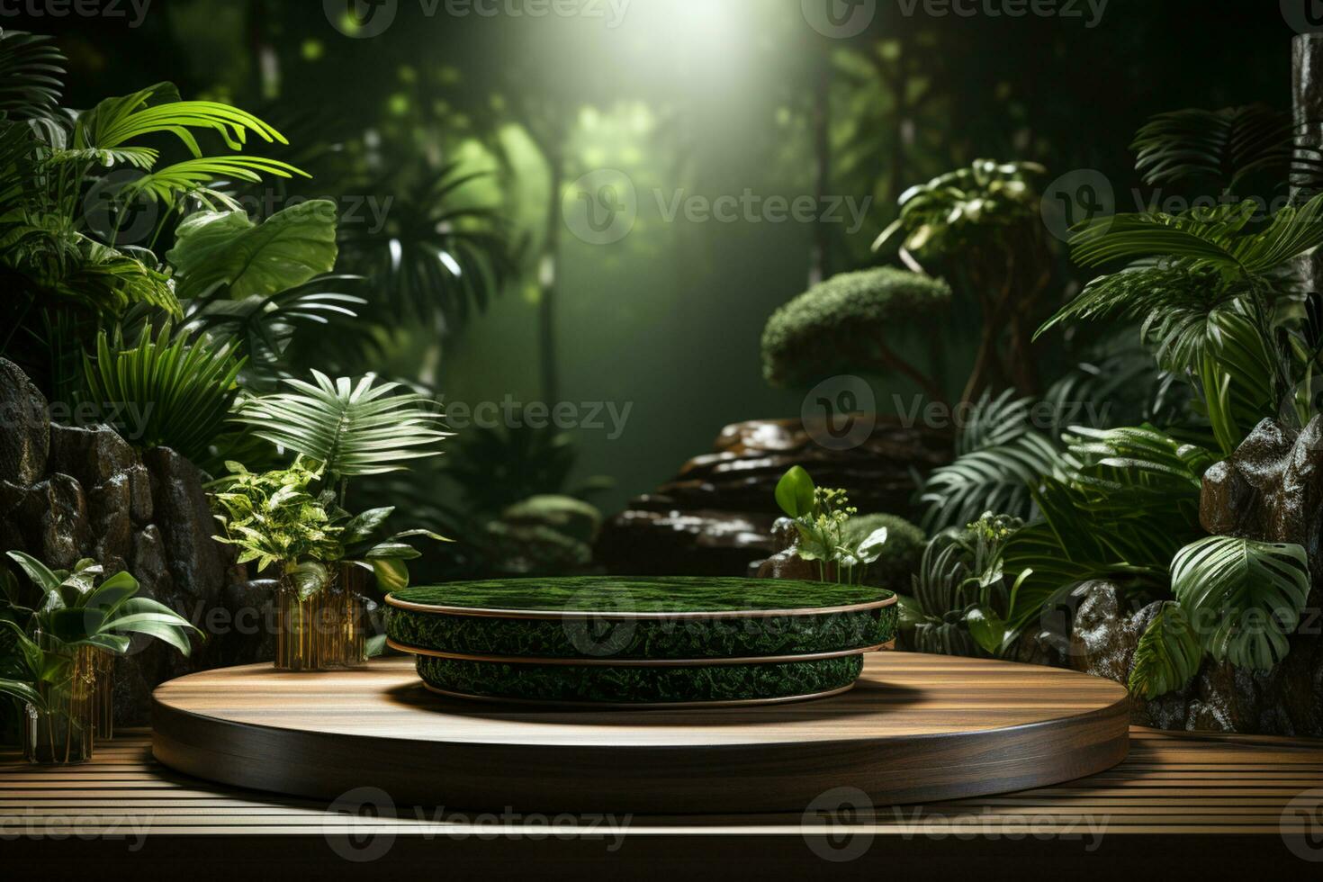natural wooden product background stage or podium pedestal on grunge street floor with glow spotlight and blank display platform. 3D rendering. AI generated photo