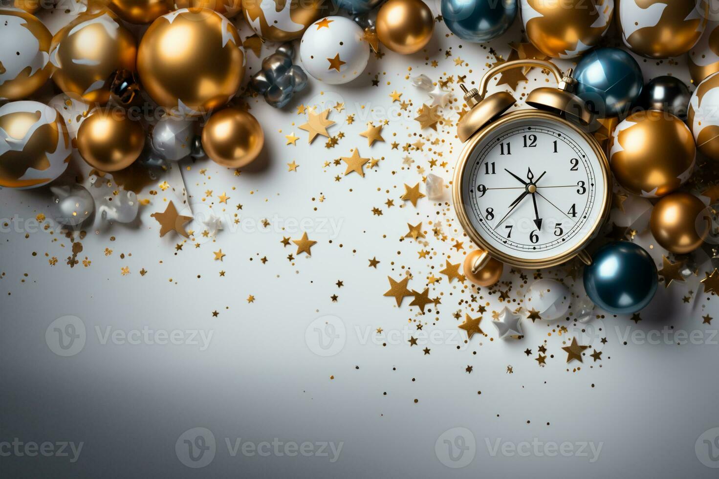 un reloj, estrellas y globo decoración para nuevo año celebracion. elegante diseño para nuevo año saludo tarjeta. Copiar espacio, sitio para texto. ai generado foto