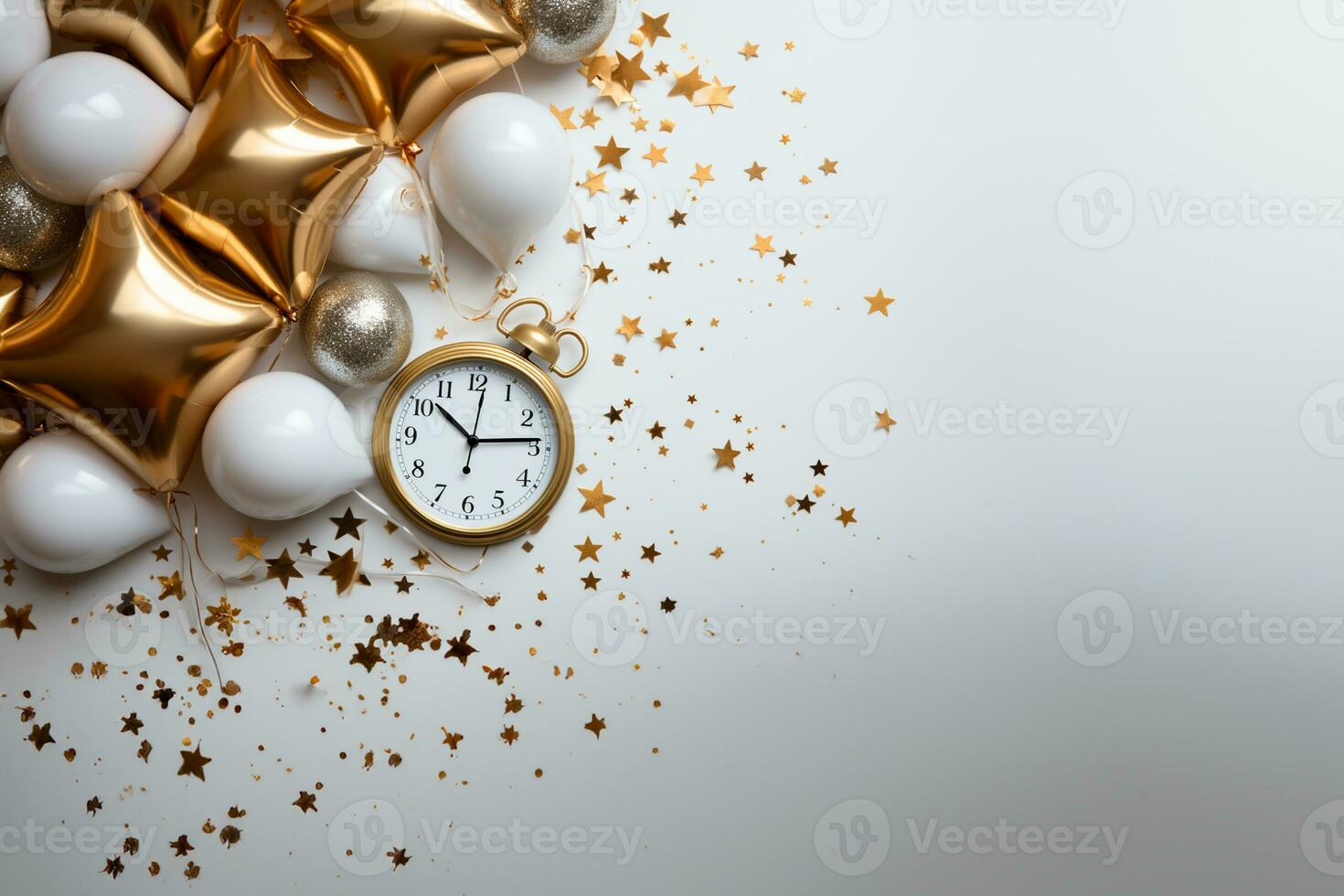 A Clock, stars and Balloon decoration for New Year celebration. Elegant design for New Year greeting card. Copy space, place for text. AI generated photo