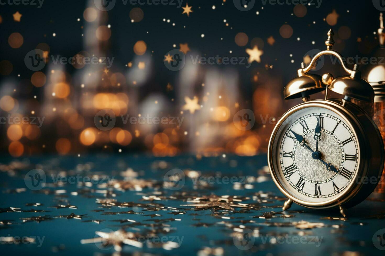 A Clock, stars and Balloon decoration for New Year celebration. Elegant design for New Year greeting card. Copy space, place for text. AI generated photo