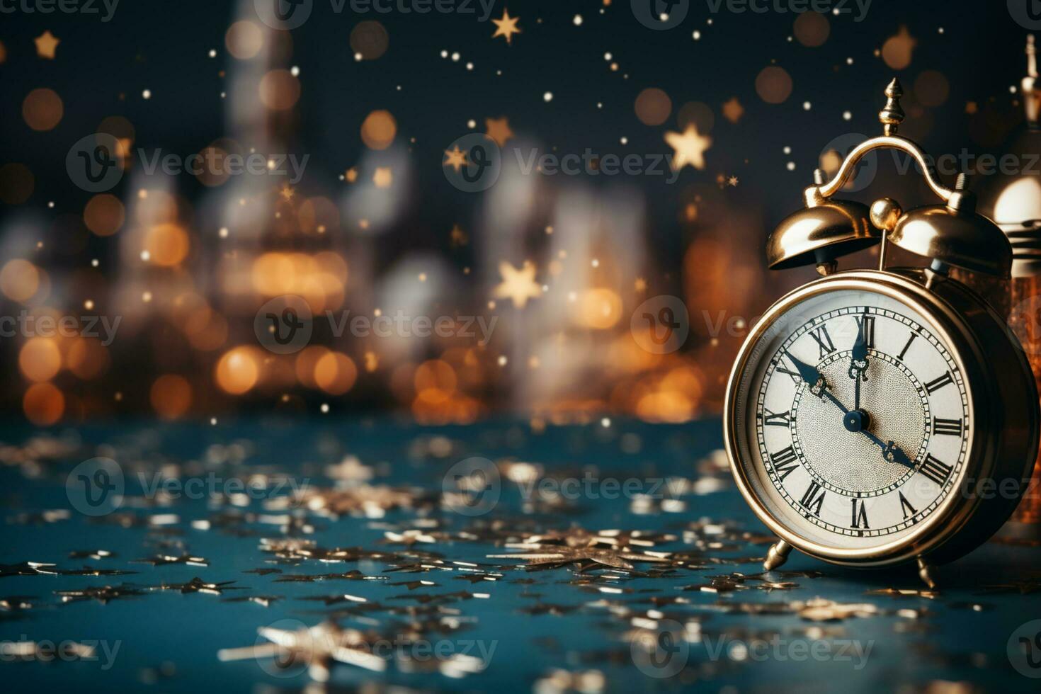 un reloj, estrellas y globo decoración para nuevo año celebracion. elegante diseño para nuevo año saludo tarjeta. Copiar espacio, sitio para texto. ai generado foto