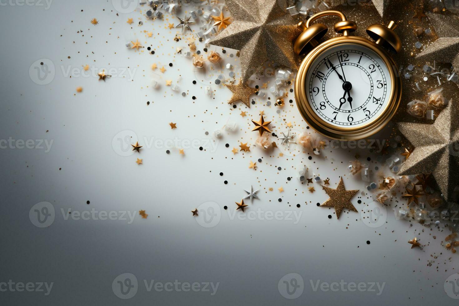 A Clock, stars and Balloon decoration for New Year celebration. Elegant design for New Year greeting card. Copy space, place for text. AI generated photo