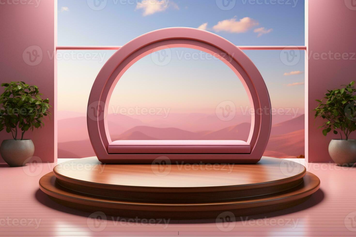 Pink product background stage or podium pedestal on grunge street floor with glow spotlight and blank display platform. 3D rendering. AI generated photo