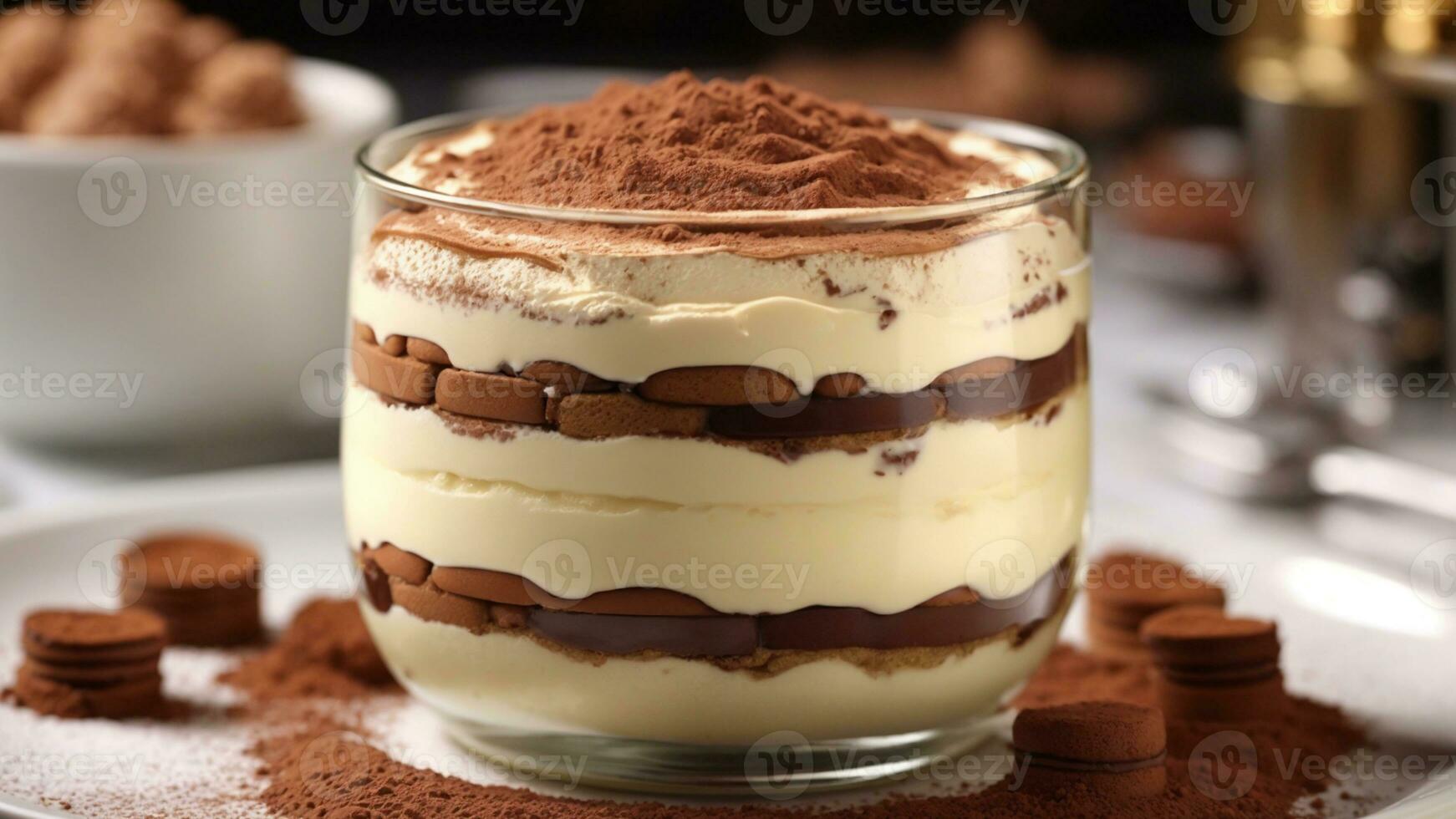 A close-up shot of a freshly prepared tiramisu, focusing on the layers of coffee-soaked ladyfingers AI Generative photo