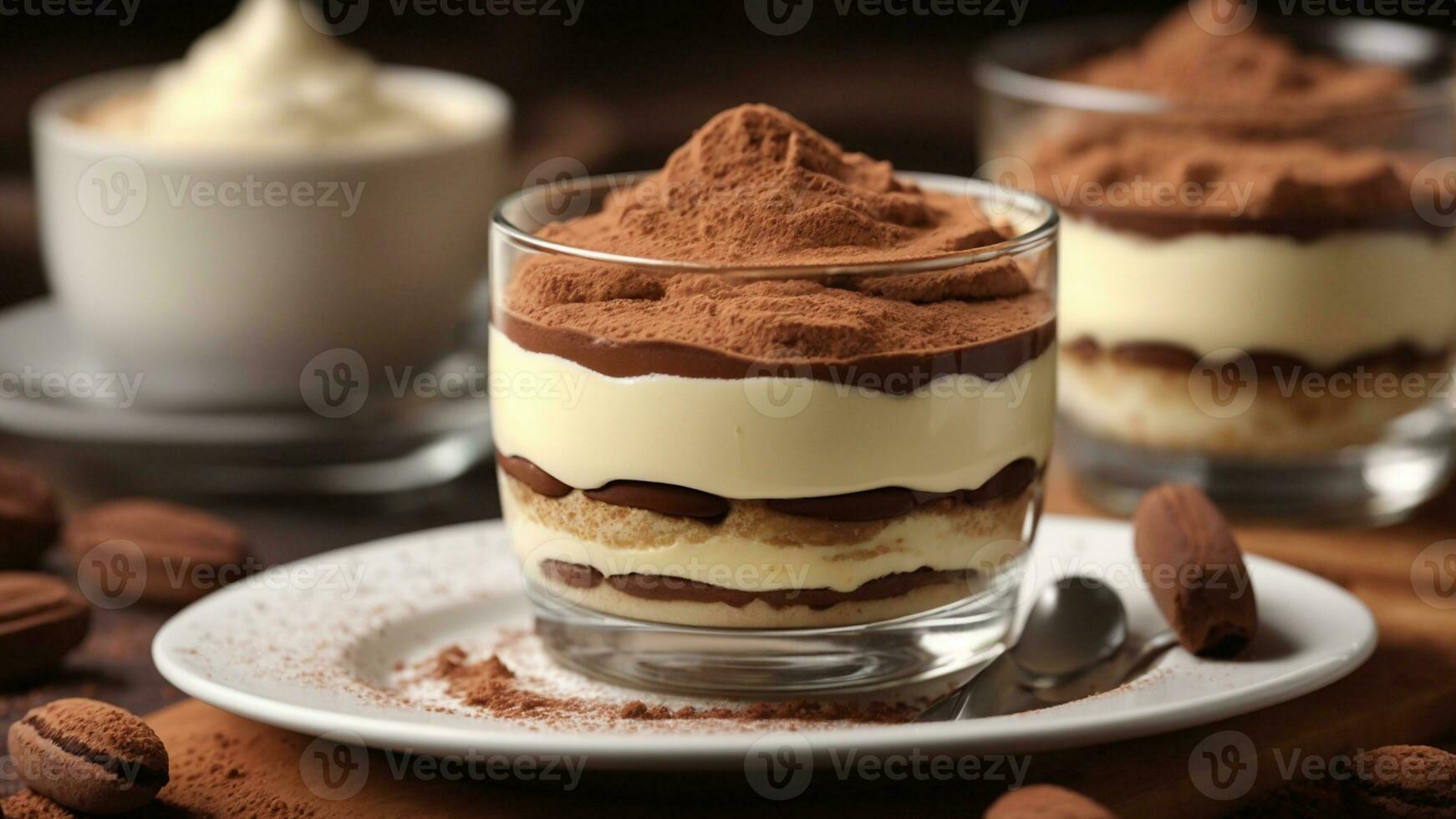 A close-up shot of a freshly prepared tiramisu, focusing on the layers of coffee-soaked ladyfingers AI Generative photo