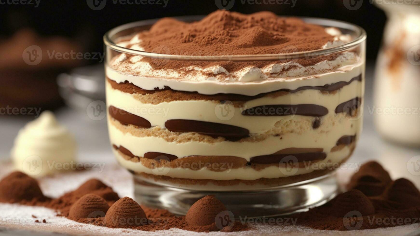 A close-up shot of a freshly prepared tiramisu, focusing on the layers of coffee-soaked ladyfingers AI Generative photo