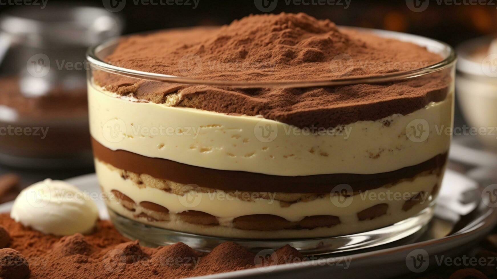 A close-up shot of a freshly prepared tiramisu, focusing on the layers of coffee-soaked ladyfingers AI Generative photo