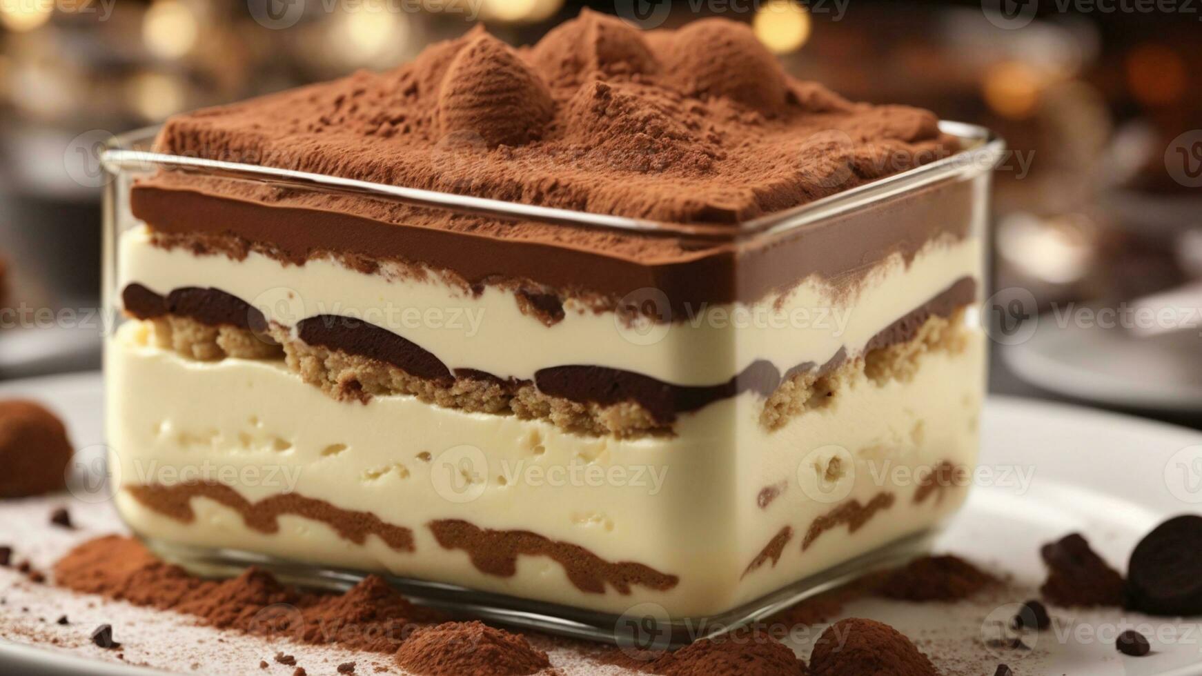 A close-up shot of a freshly prepared tiramisu, focusing on the layers of coffee-soaked ladyfingers AI Generative photo