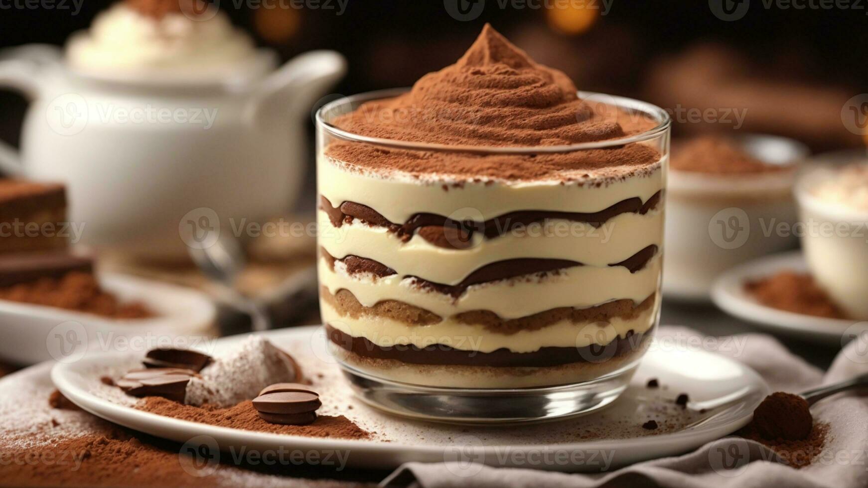 A close-up shot of a freshly prepared tiramisu, focusing on the layers of coffee-soaked ladyfingers AI Generative photo