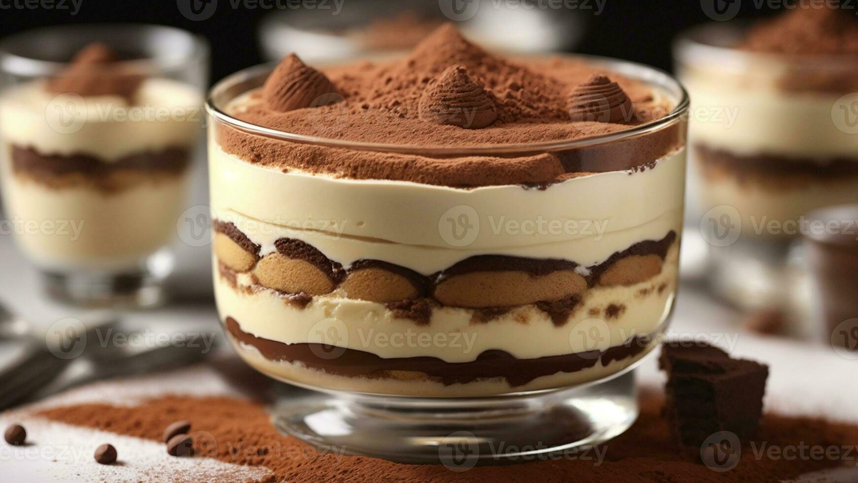 A close-up shot of a freshly prepared tiramisu, focusing on the layers of coffee-soaked ladyfingers AI Generative photo