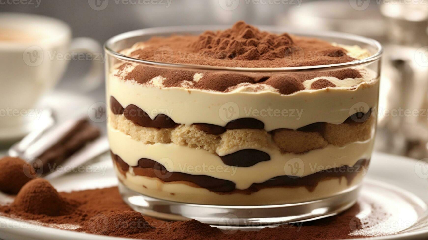 A close-up shot of a freshly prepared tiramisu, focusing on the layers of coffee-soaked ladyfingers AI Generative photo