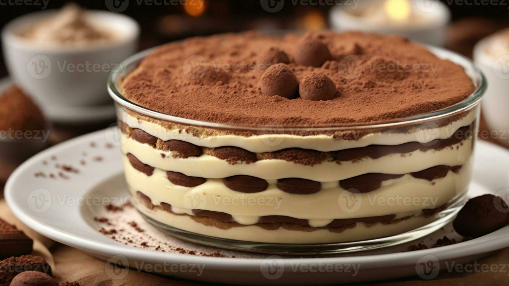 A close-up shot of a freshly prepared tiramisu, focusing on the layers of coffee-soaked ladyfingers AI Generative photo