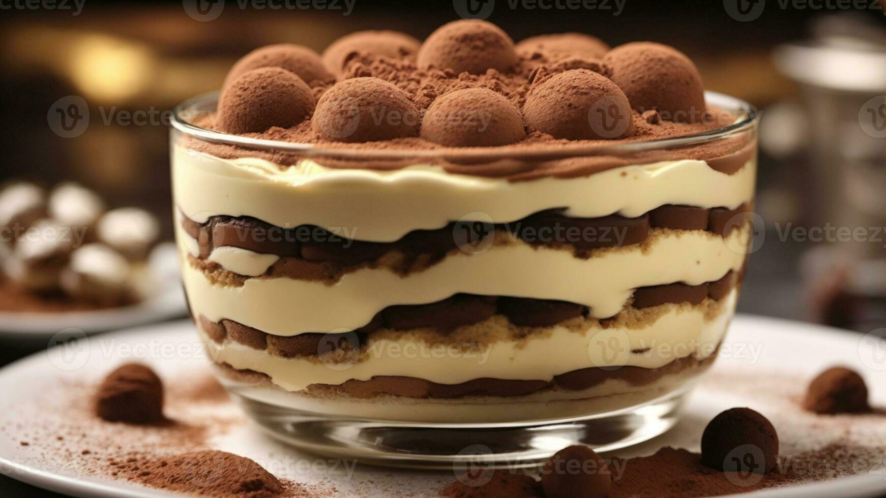 A close-up shot of a freshly prepared tiramisu, focusing on the layers of coffee-soaked ladyfingers AI Generative photo
