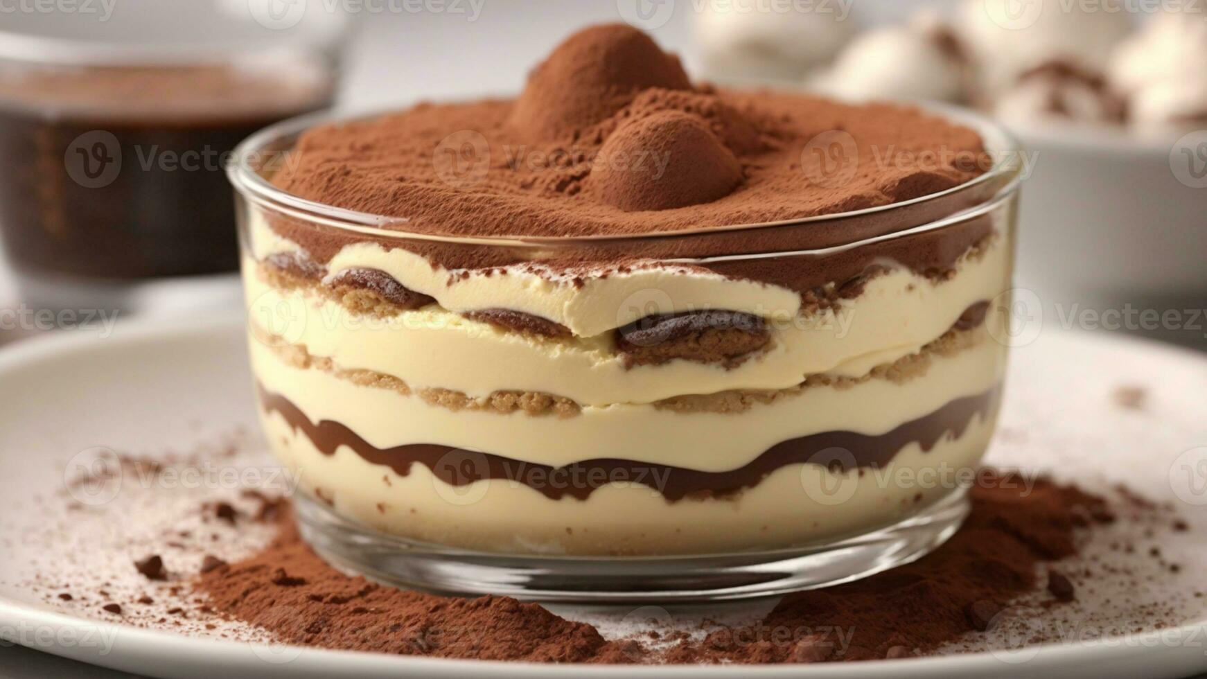 A close-up shot of a freshly prepared tiramisu, focusing on the layers of coffee-soaked ladyfingers AI Generative photo