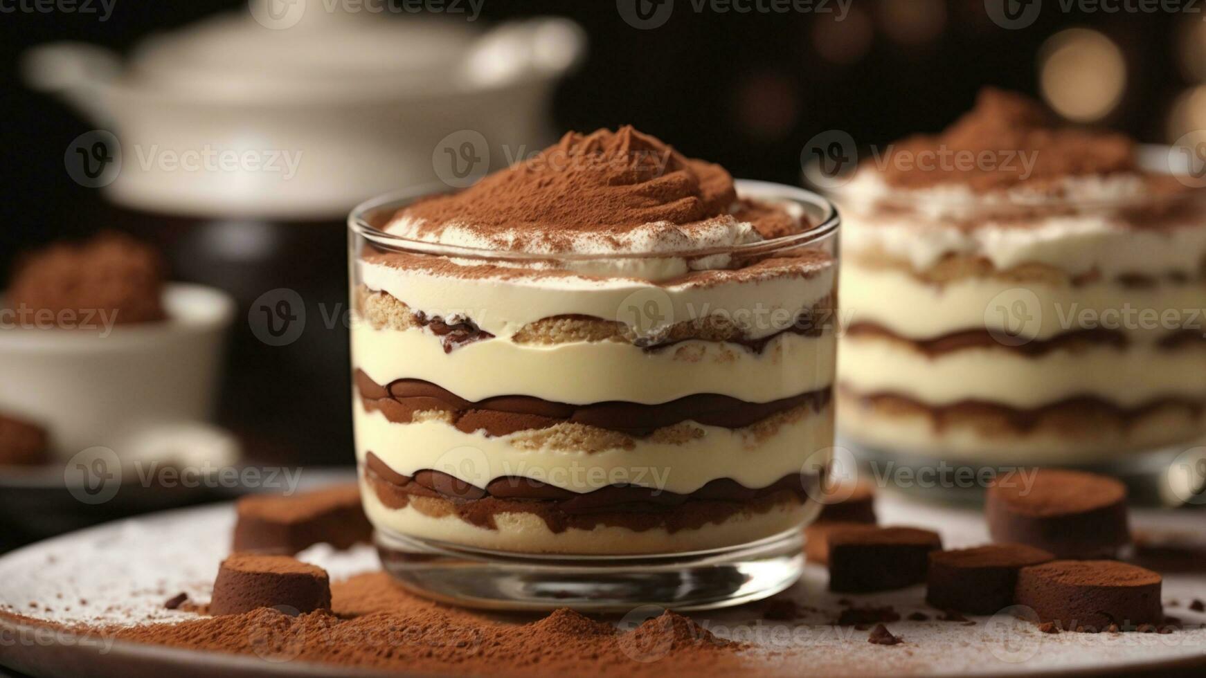 A close-up shot of a freshly prepared tiramisu, focusing on the layers of coffee-soaked ladyfingers AI Generative photo