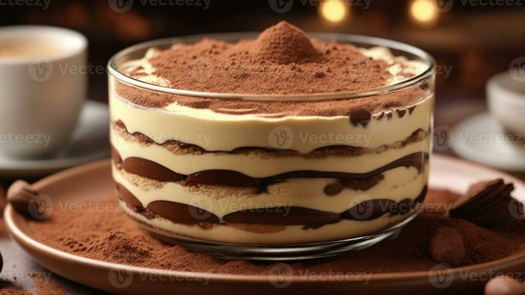 A close-up shot of a freshly prepared tiramisu, focusing on the layers of coffee-soaked ladyfingers AI Generative photo