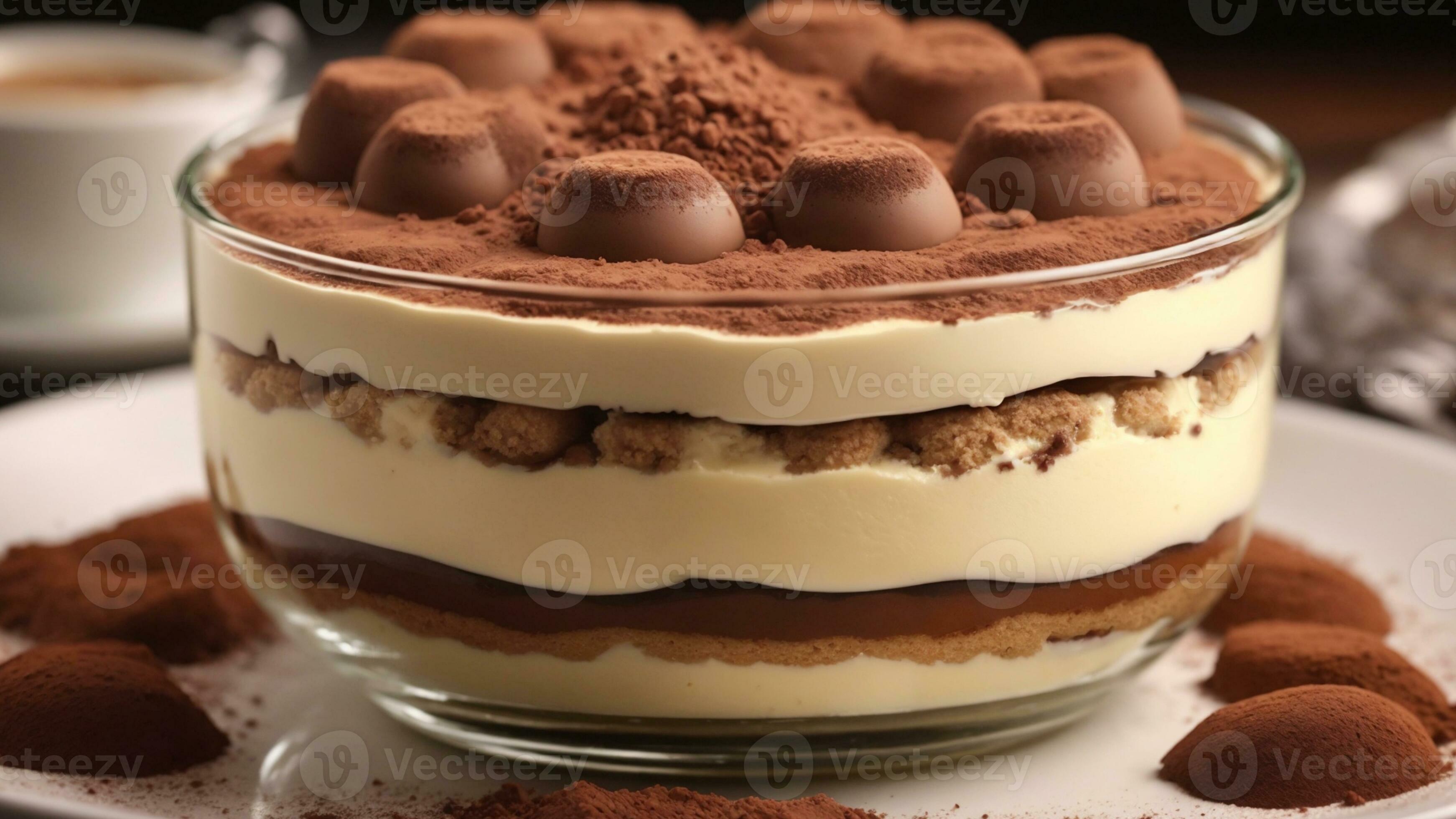 A closeup shot of a freshly prepared tiramisu, focusing on the layers