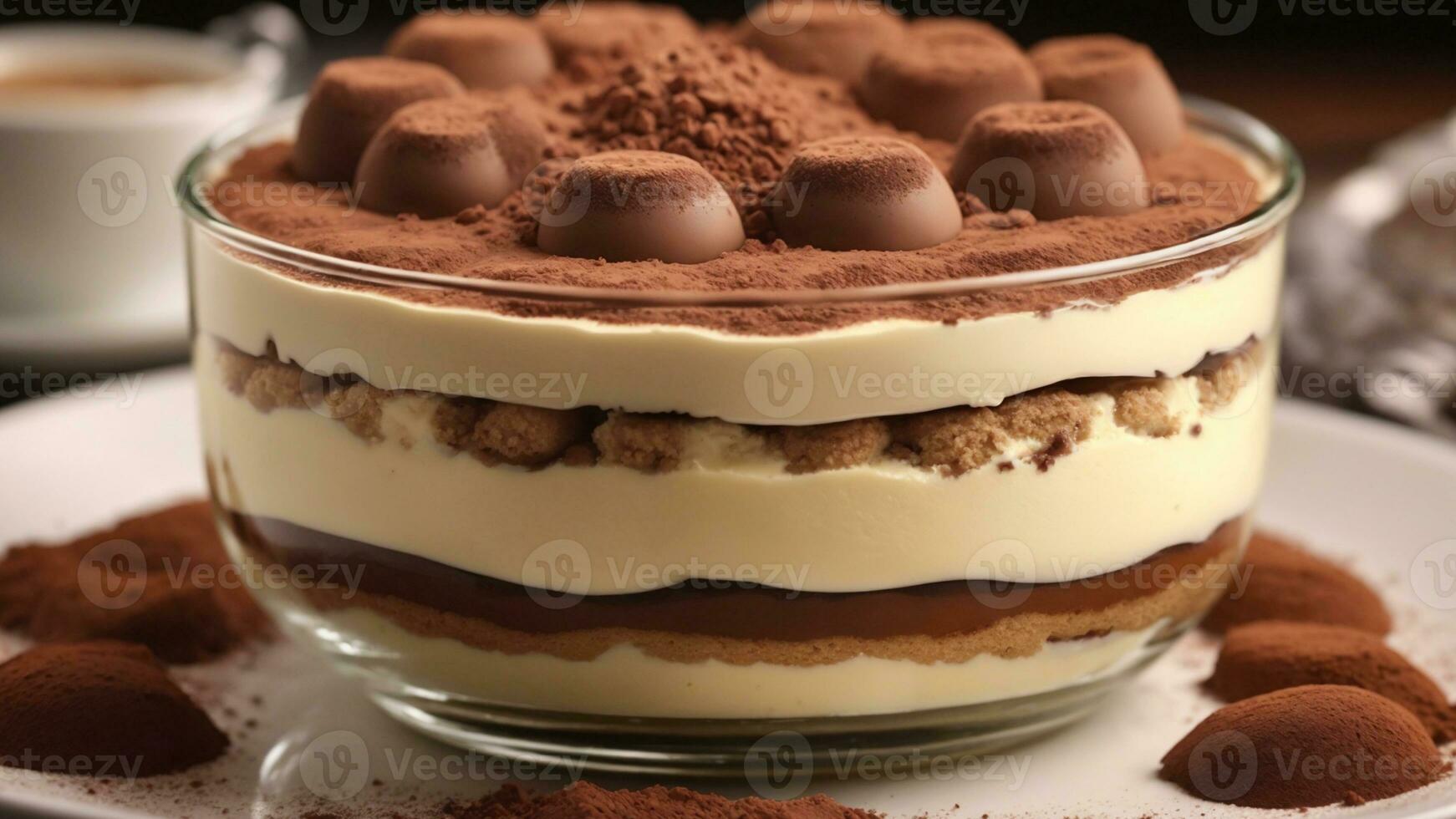 A close-up shot of a freshly prepared tiramisu, focusing on the layers of coffee-soaked ladyfingers AI Generative photo