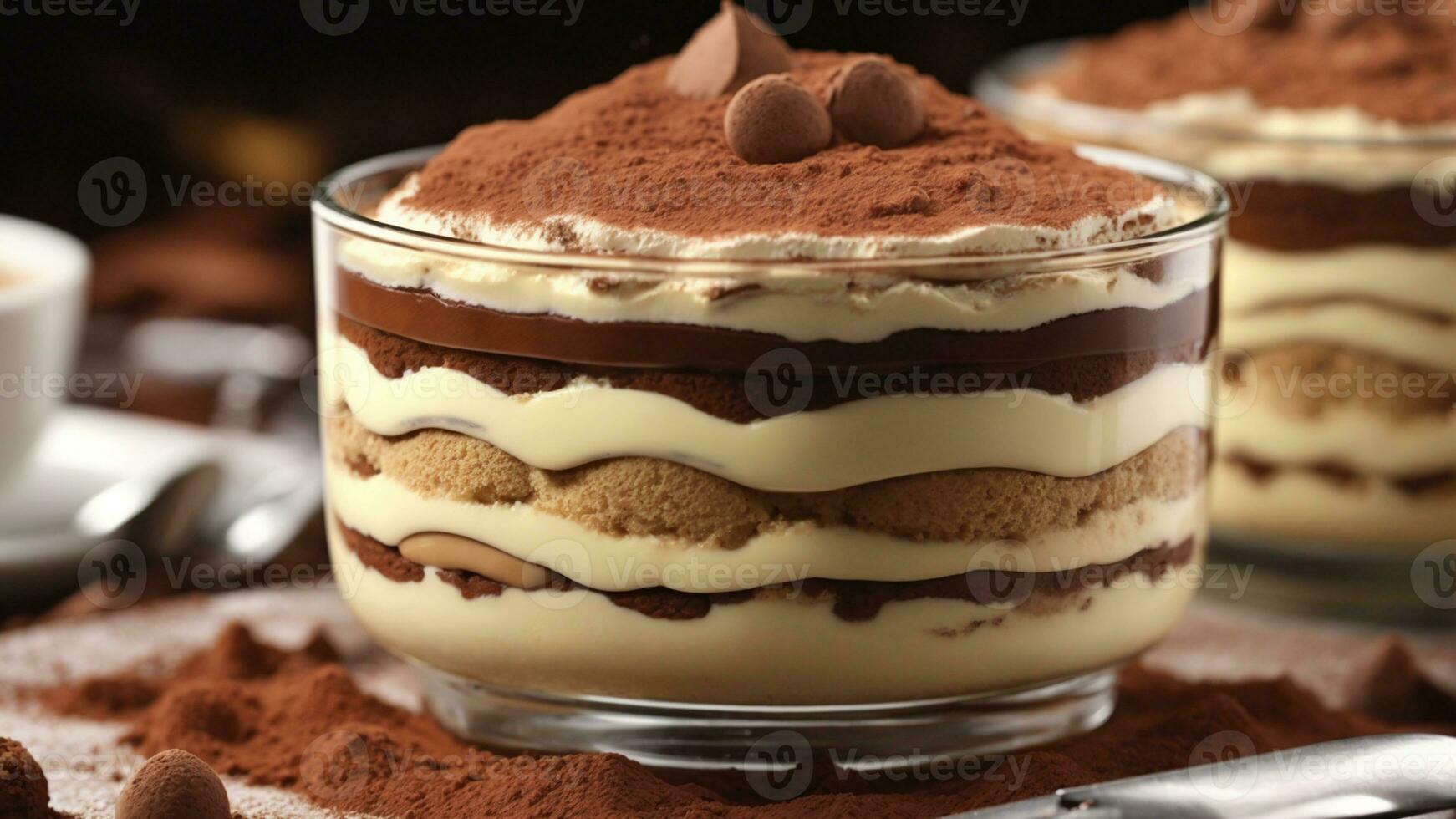 A close-up shot of a freshly prepared tiramisu, focusing on the layers of coffee-soaked ladyfingers AI Generative photo