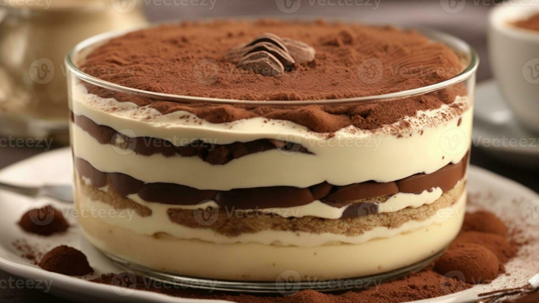 A close-up shot of a freshly prepared tiramisu, focusing on the layers of coffee-soaked ladyfingers AI Generative photo