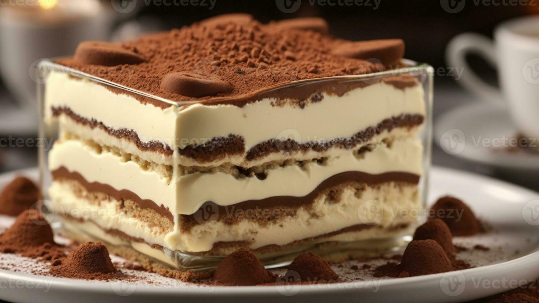 A close-up shot of a freshly prepared tiramisu, focusing on the layers of coffee-soaked ladyfingers AI Generative photo