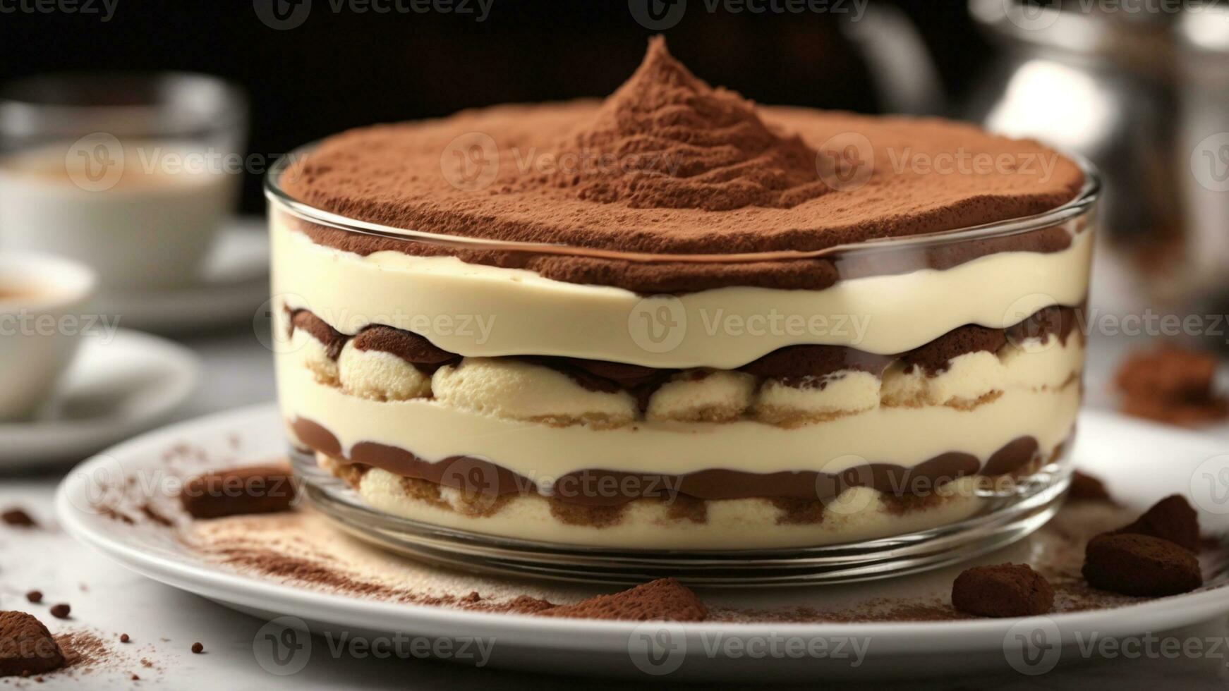 A close-up shot of a freshly prepared tiramisu, focusing on the layers of coffee-soaked ladyfingers AI Generative photo