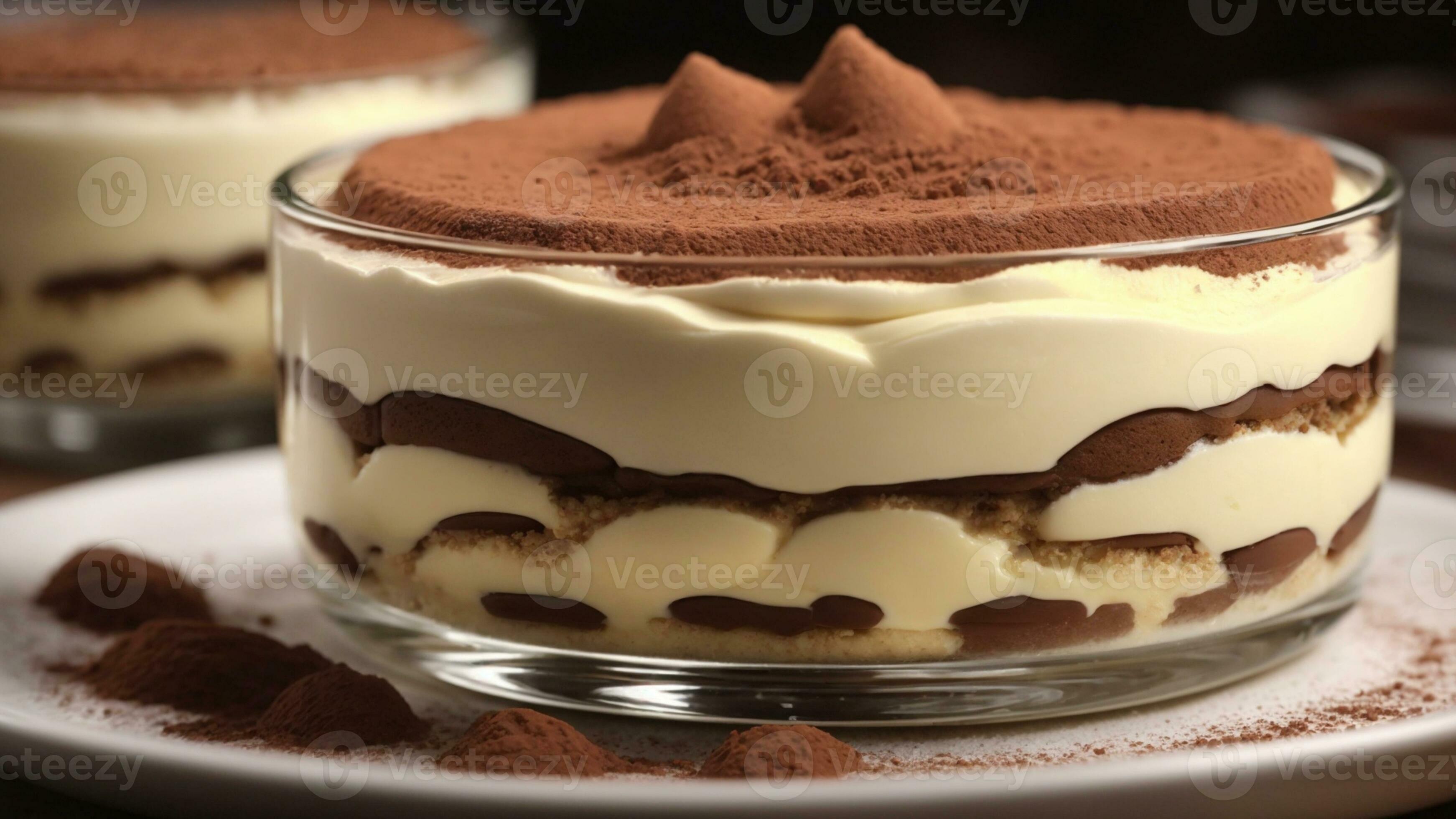 A closeup shot of a freshly prepared tiramisu, focusing on the layers
