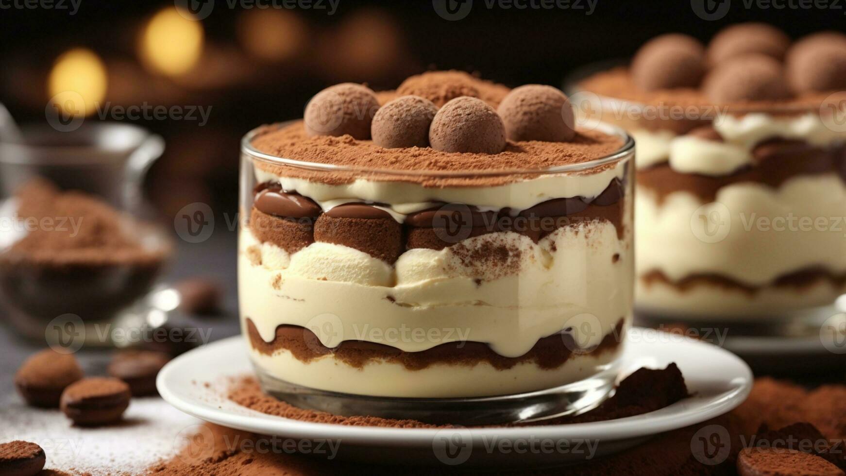 A close-up shot of a freshly prepared tiramisu, focusing on the layers of coffee-soaked ladyfingers AI Generative photo