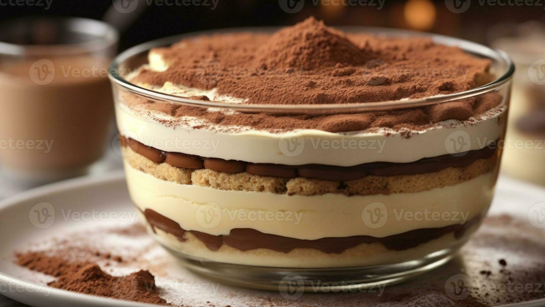 A close-up shot of a freshly prepared tiramisu, focusing on the layers of coffee-soaked ladyfingers AI Generative photo