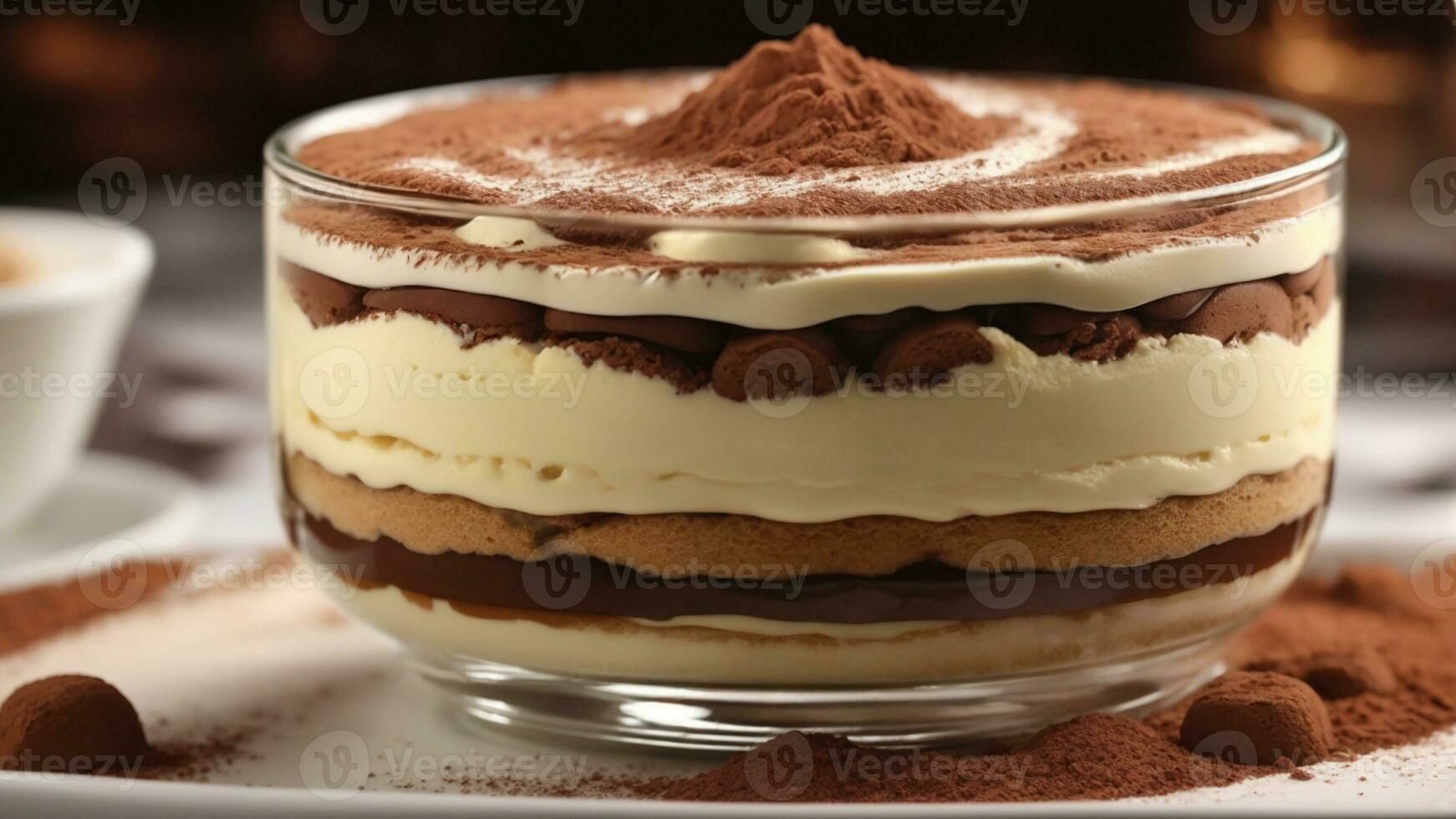 A close-up shot of a freshly prepared tiramisu, focusing on the layers of coffee-soaked ladyfingers AI Generative photo