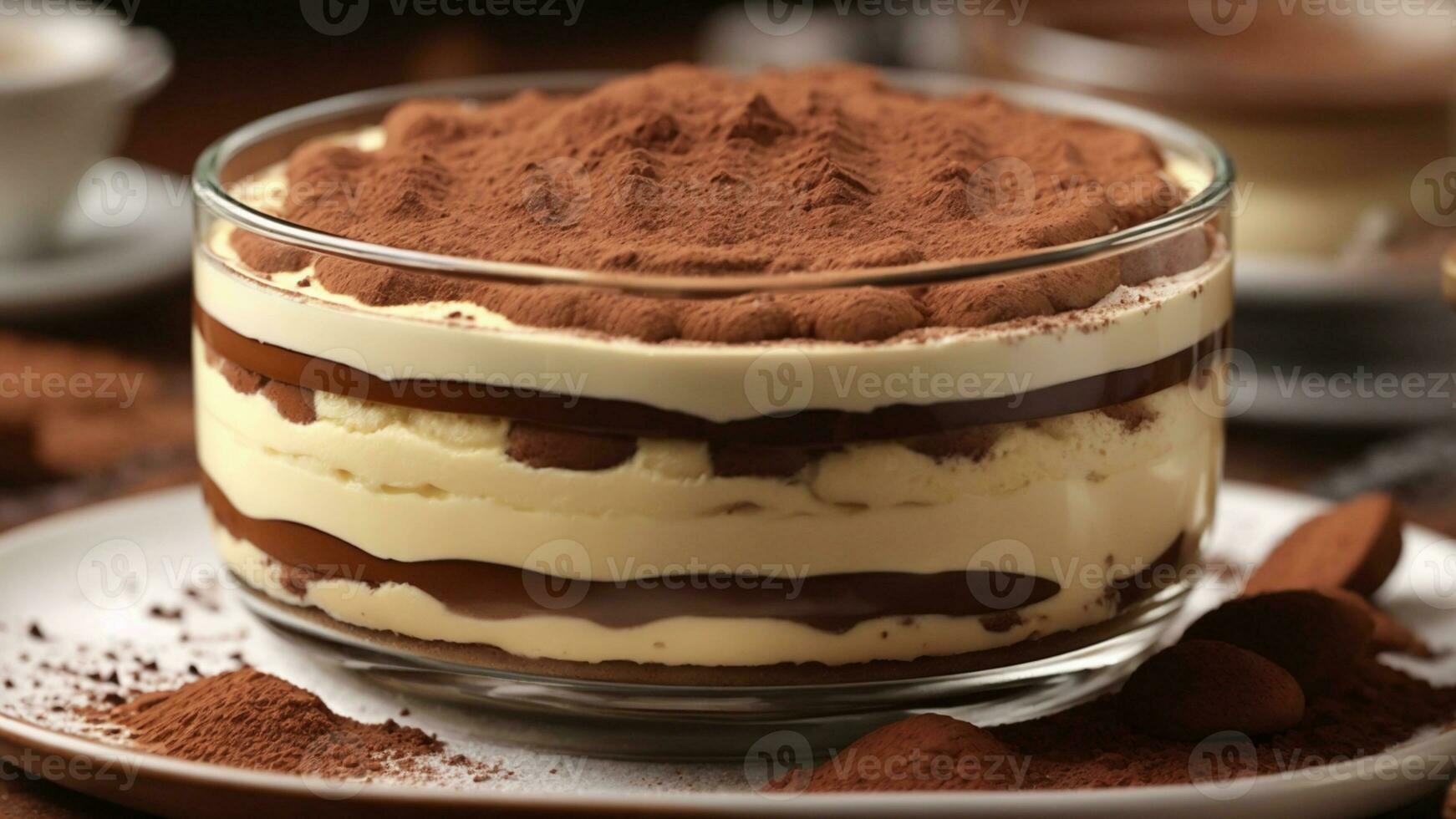 A close-up shot of a freshly prepared tiramisu, focusing on the layers of coffee-soaked ladyfingers AI Generative photo