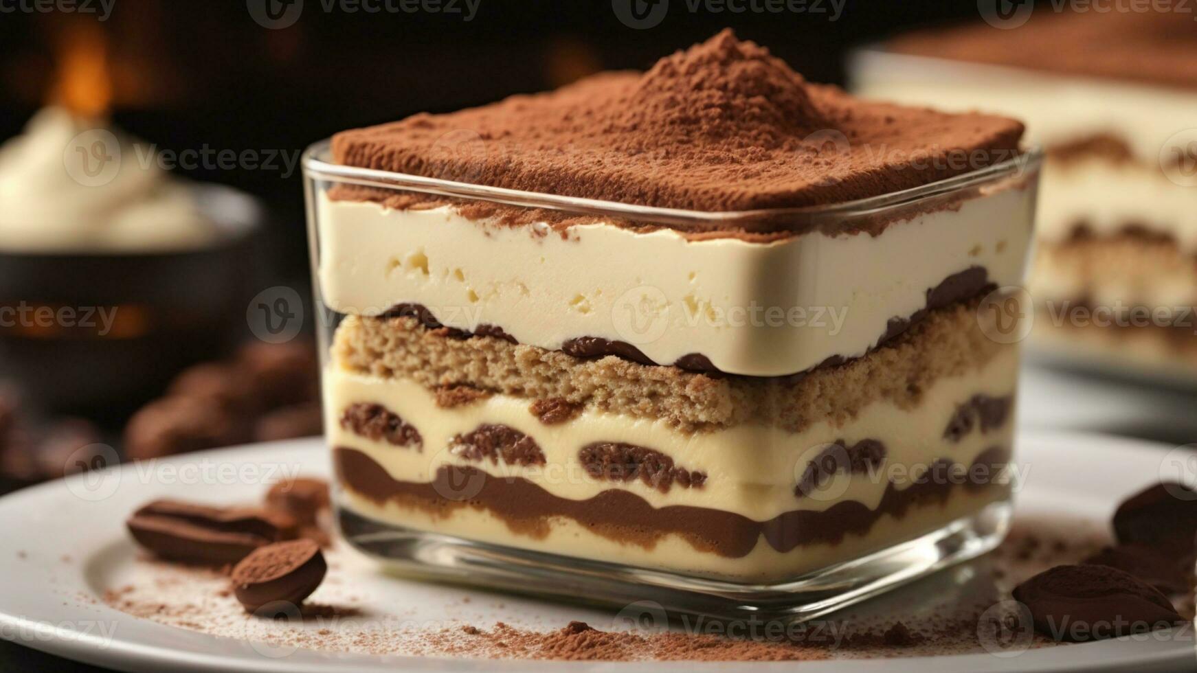 A close-up shot of a freshly prepared tiramisu, focusing on the layers of coffee-soaked ladyfingers AI Generative photo