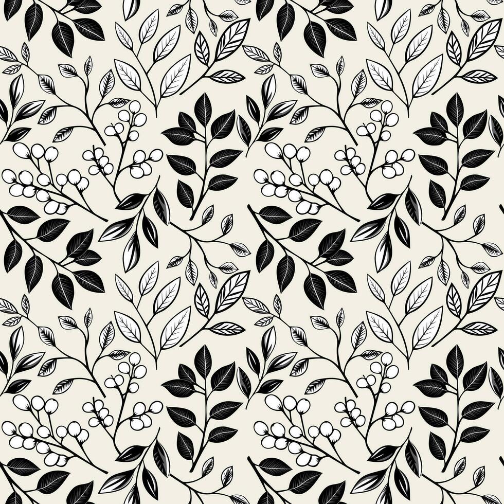 Monochrome floral background. Seamless pattern with leaves and berries. Hand drawn botanical wallpaper vector