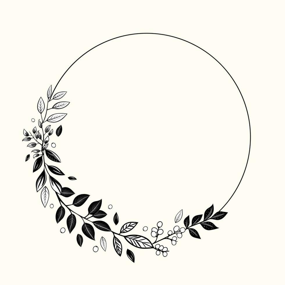 Botanical monochrome frame with leaves and berries for invitations, posters and wedding. Vector floral wreath