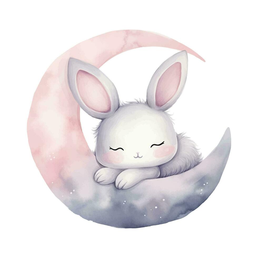 Watercolor bunny on the moon. Wall sticker with hand drawn rabbit and moon. Pastel colors. Clip art. vector