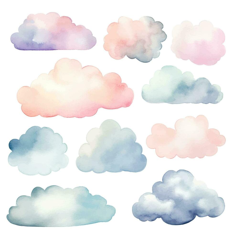 Set of watercolor vector clouds. Isolated on white. Fantasy pastel color. Delicate, elegant decoration.