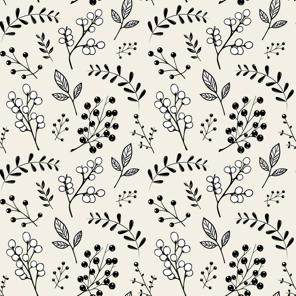 herbario monocromo floral modelo. sin costura antecedentes con hojas y sucursales. mano dibujado botánico fondo de pantalla vector