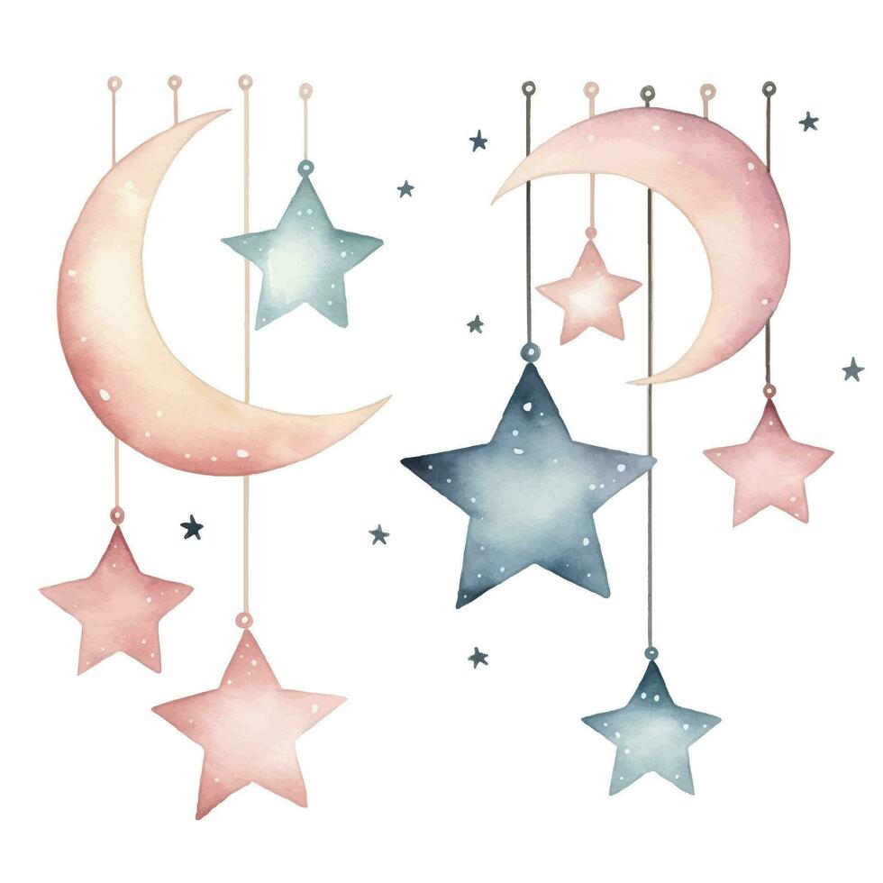 Watercolor vector stars and moon. Nursery elements. Fantasy pastel color. Delicate, magic decoration.