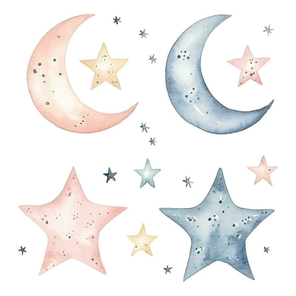 Set of watercolor vector stars and moon. Fantasy pastel color. Delicate, magic decoration. Isolated on white.