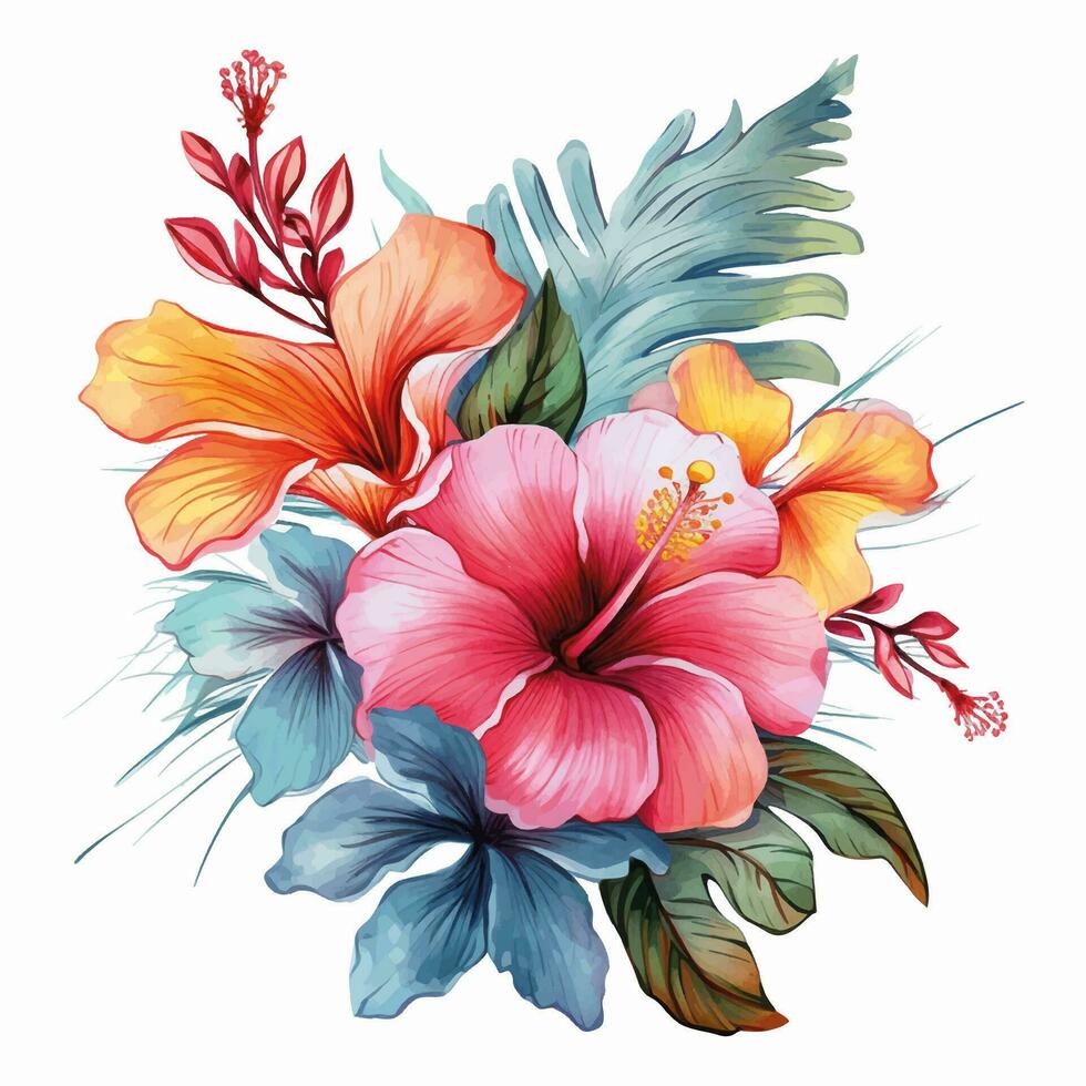Watercolor tropical flowers. Vector flowers with colorfull leaves. Exotic foliage, wild floral.